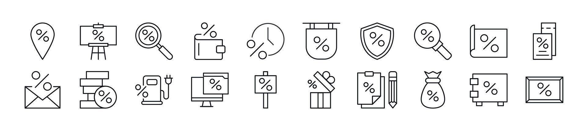 Pack of linear symbols of percent. Editable stroke. Linear symbol for web sites, newspapers, articles book vector
