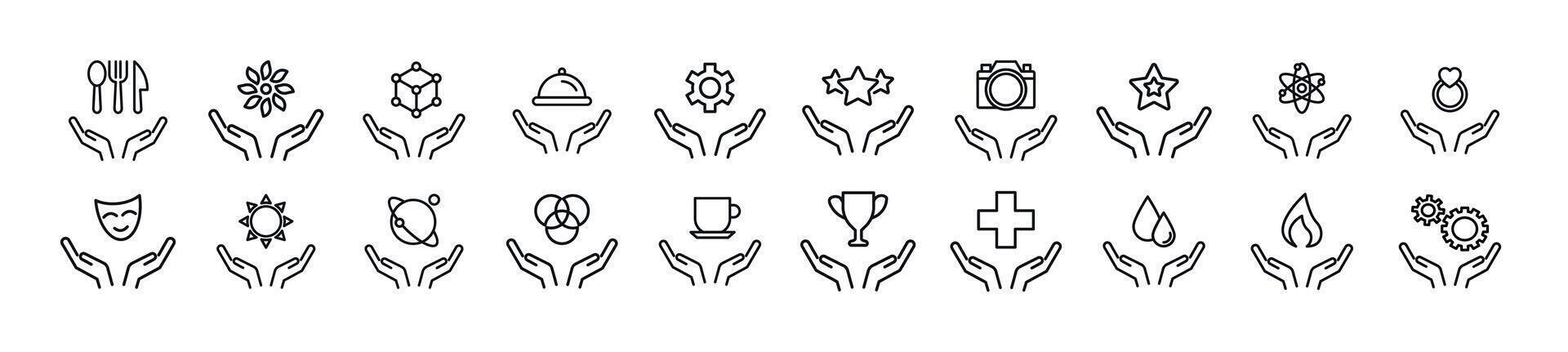 Collection of thin signs of items over hands. Editable stroke. Simple linear illustration for stores, shops, banners, design vector