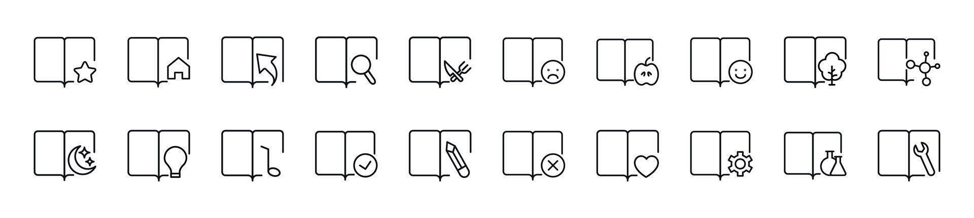 Line Icons collection of books with various items. Editable stroke. Simple linear illustration for web sites, newspapers, articles book vector