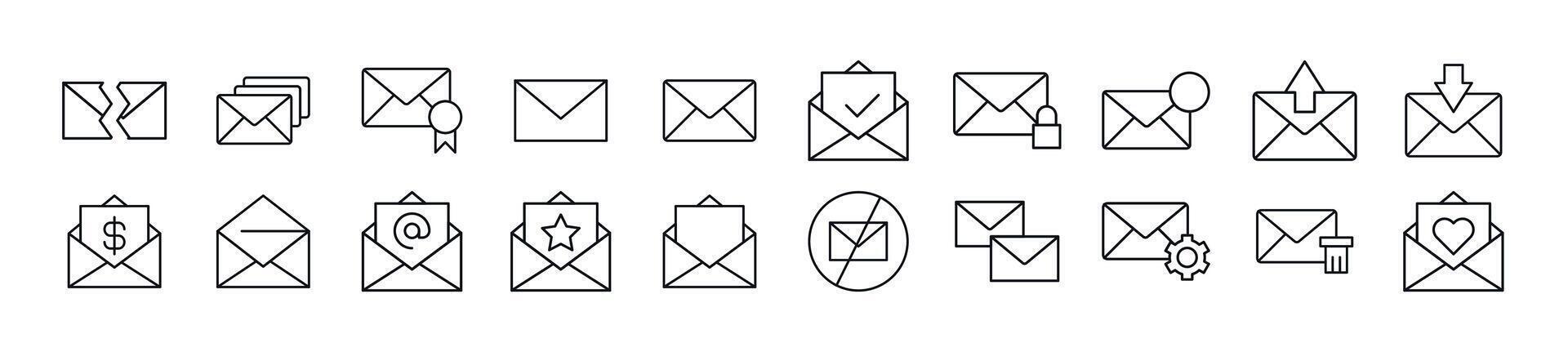 Pack of linear symbols of envelope. Editable stroke. Linear symbol for web sites, newspapers, articles book vector