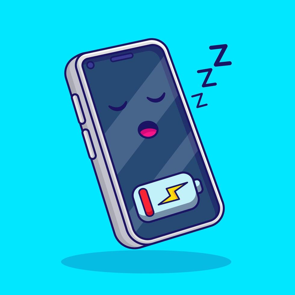 Cute Cell Phone Low Battery Cartoon Icon Illustration Technology Object Icon Isolated Flat, sleep mode phone vector