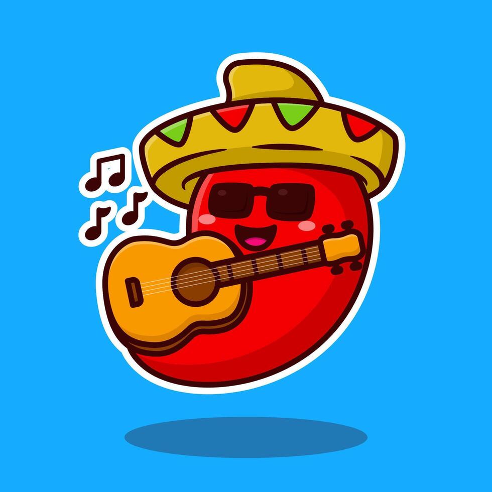 illustration red chili playing guitar with mexcian hat design vector