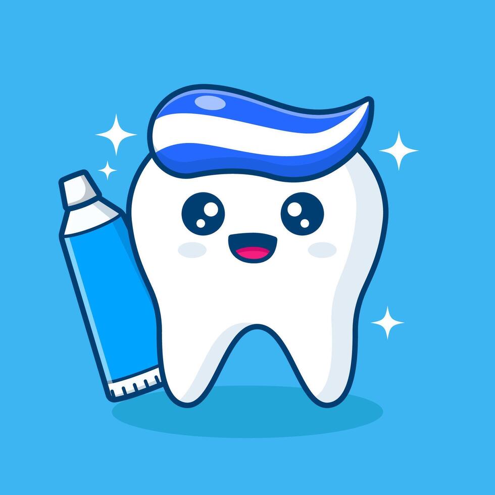 illustration cartoon teeth with toothpaste on blue background vector