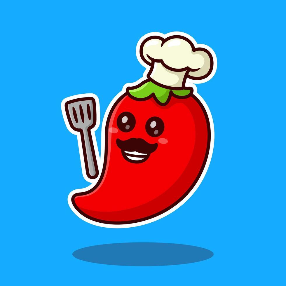 illustration cute cartoon red chili chef with spatula design vector