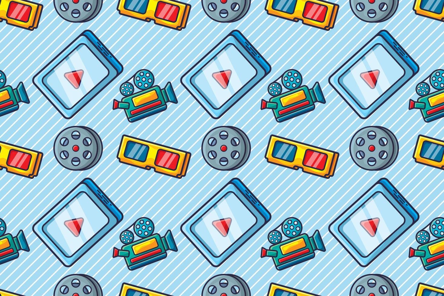 electronic tablet, roll film and 3d glasses for watching movie concept theme illustration seamless pattern background vector
