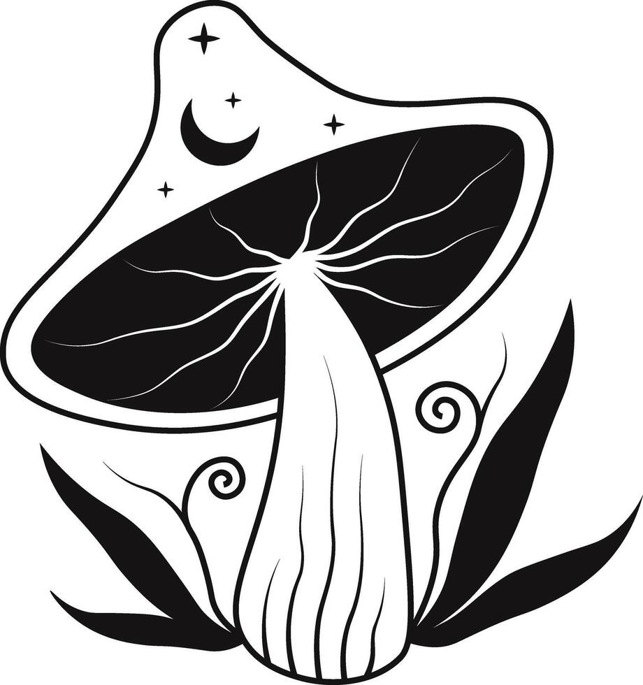 Celestial Magic Mushroom with Star and Moon Ornament. Illustration Isolated on White Background. vector