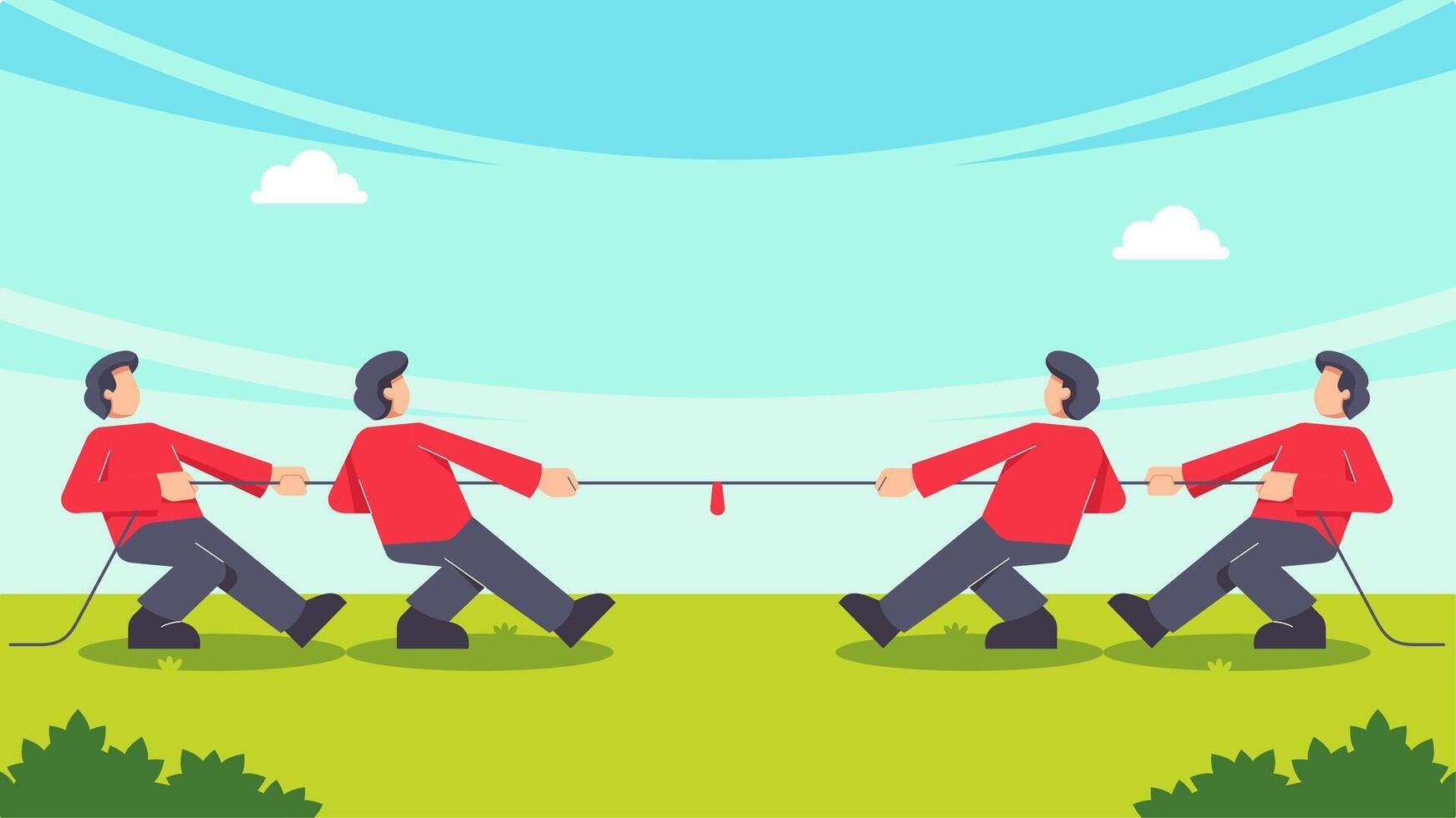 People celebrate Indonesian Independence Day by participating in Tug of war or Tarik Tambang game competition. illustration in flat style vector