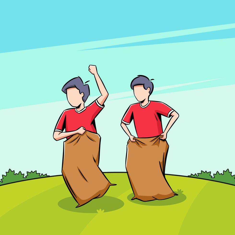 People celebrate Indonesian Independence Day by participating in Sack Race Competition or Lomba Balap karung on the 17th August. hand drawn vector
