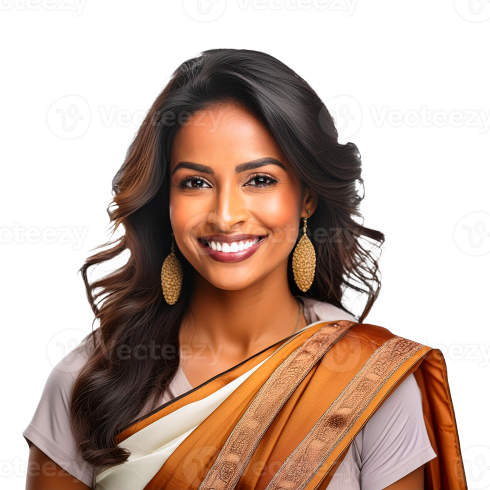 portrait of a woman wearing a shari. a woman with long hair wearing a sari png