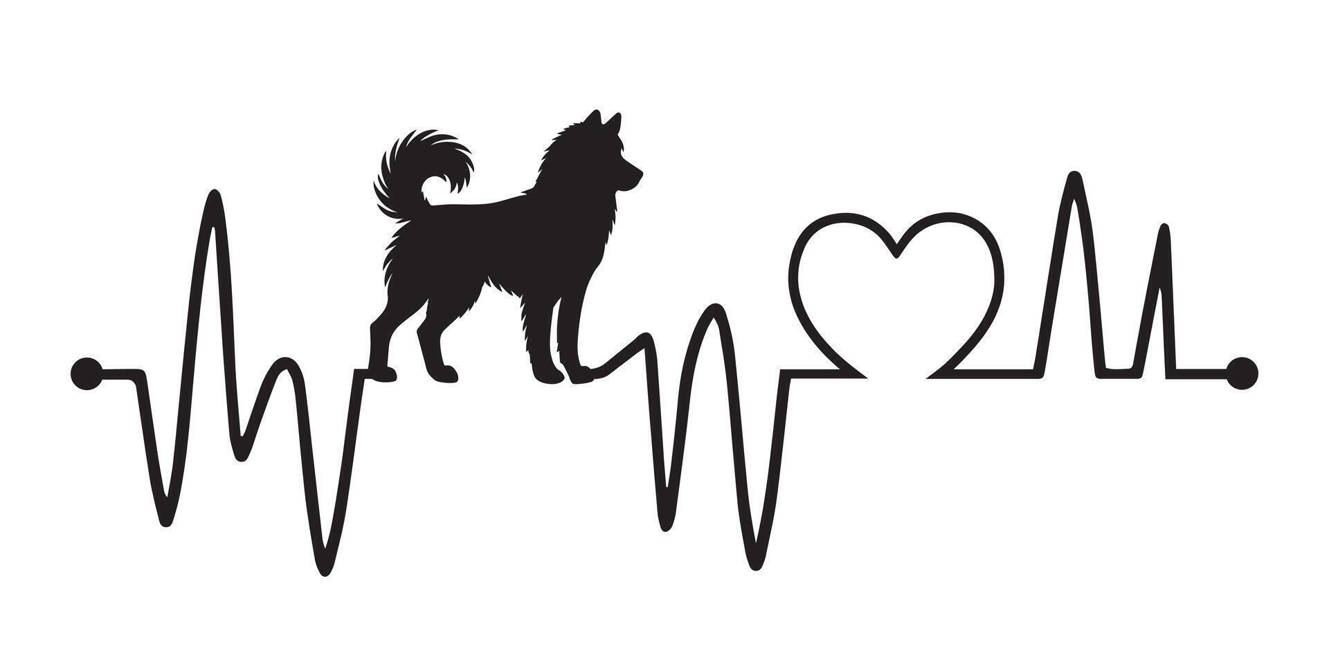 Heartbeat pulse line with Siberian Husky dog silhouette - Dog and Cardiogram wave with Heart love illustration vector