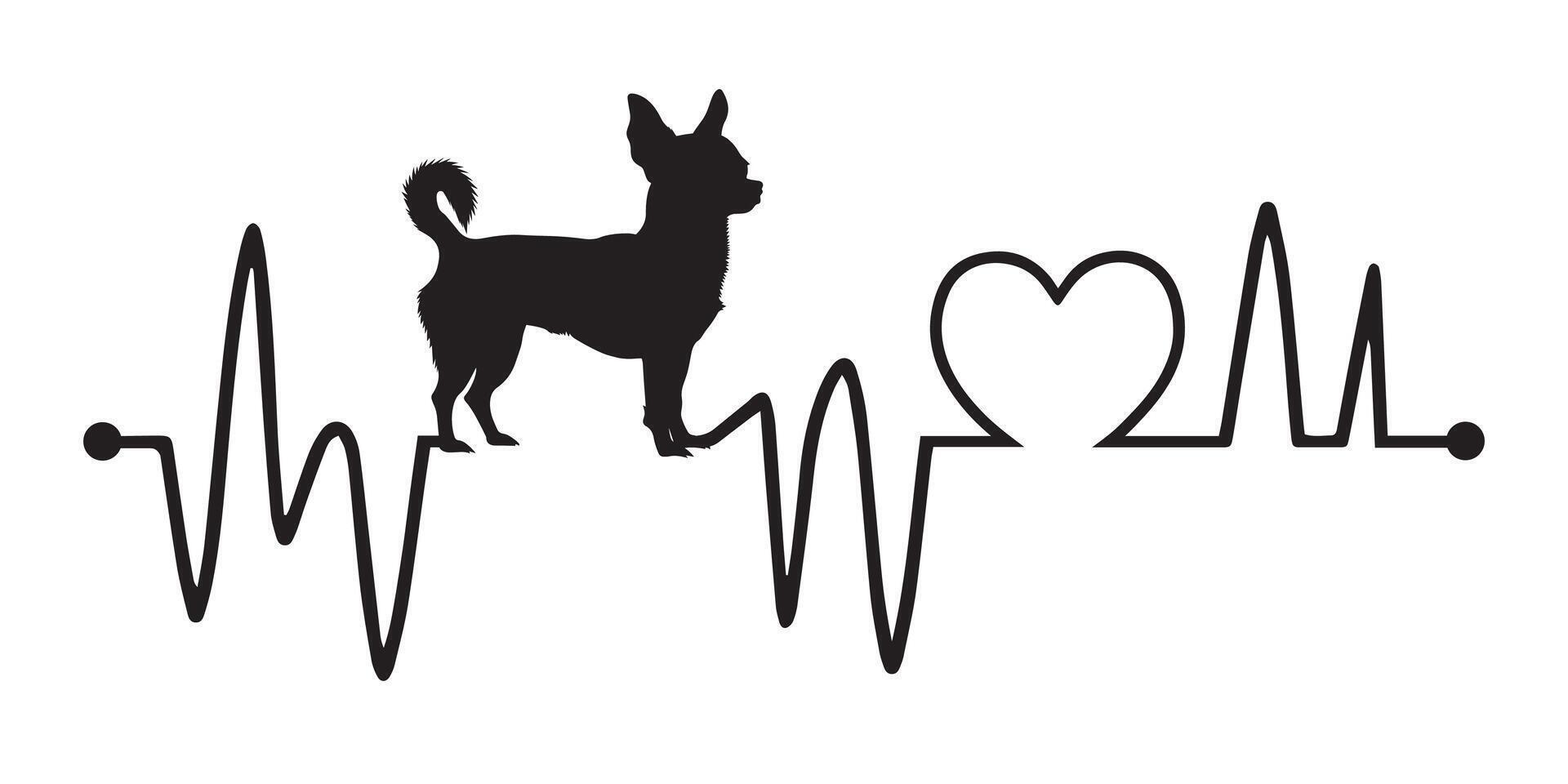 Heartbeat pulse line with Chihuahua dog silhouette - Dog and Cardiogram wave with Heart love illustration vector