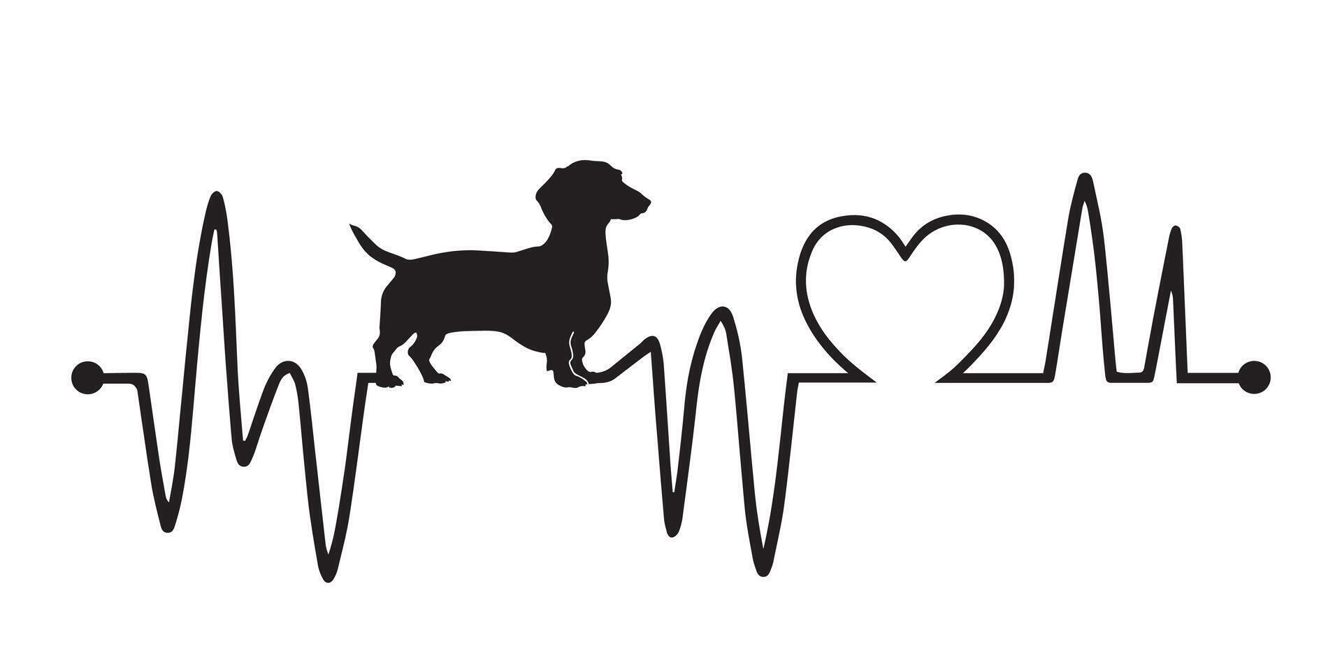 Heartbeat pulse line with Dachshund dog silhouette - Dog and Cardiogram wave with Heart love illustration vector