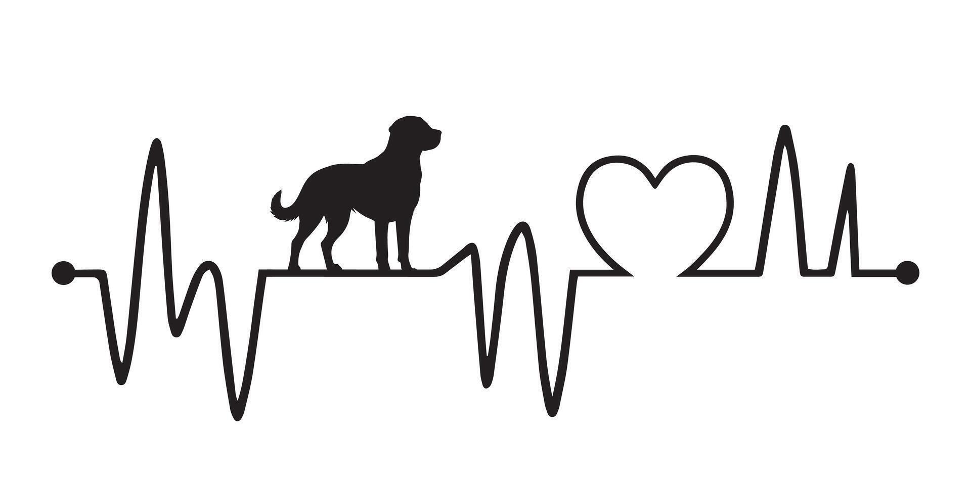 Heartbeat pulse line with Labrador Retriever dog silhouette - Dog and Cardiogram wave with Heart love illustration vector