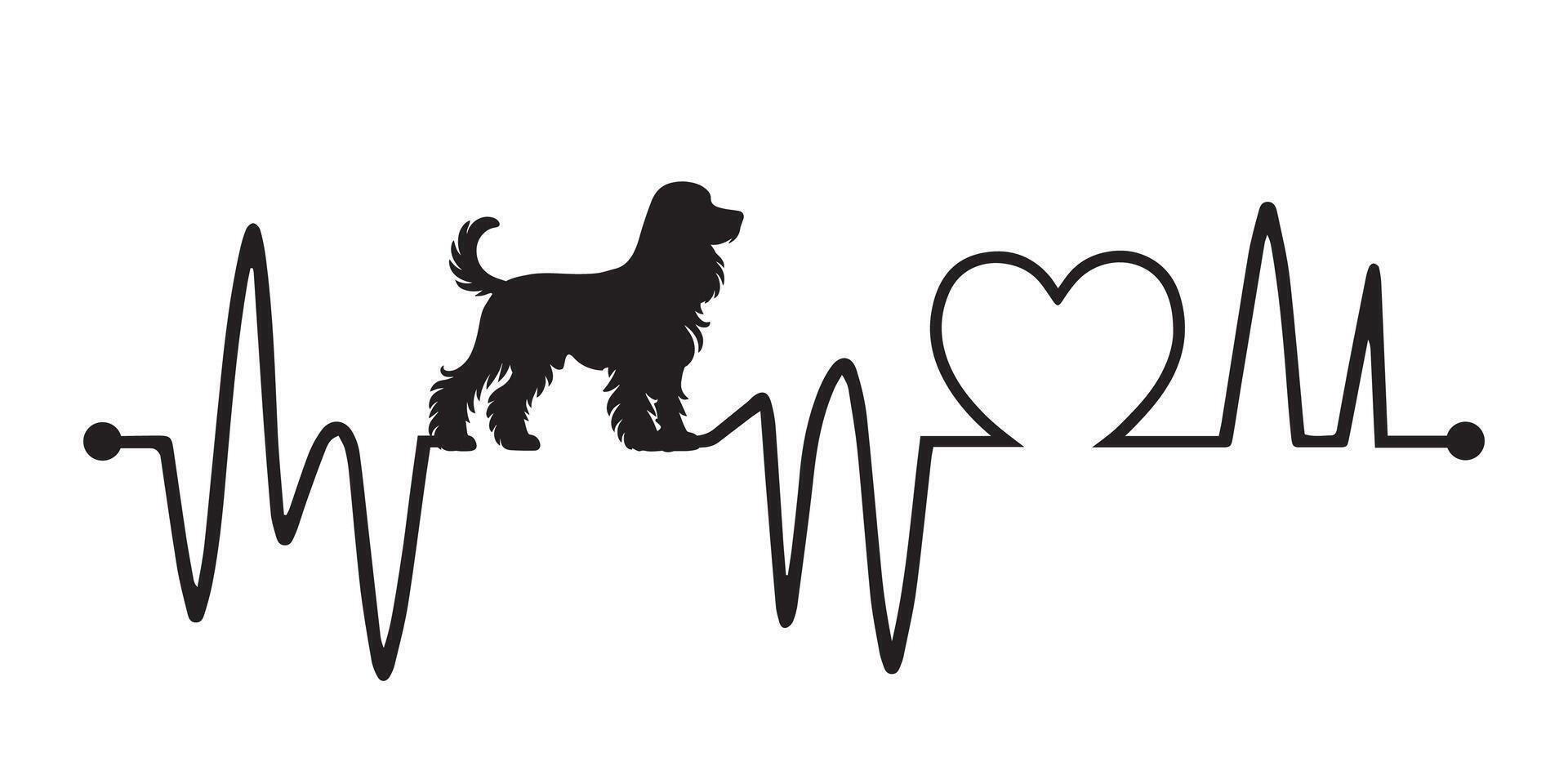 Heartbeat pulse line with Cocker Spaniel dog silhouette - Dog and Cardiogram wave with Heart love illustration vector