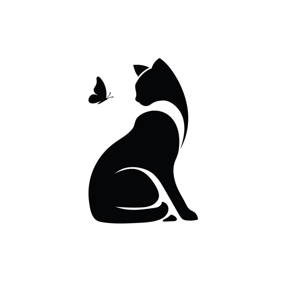 cute black cat sitting looking at a butterfly flying vector