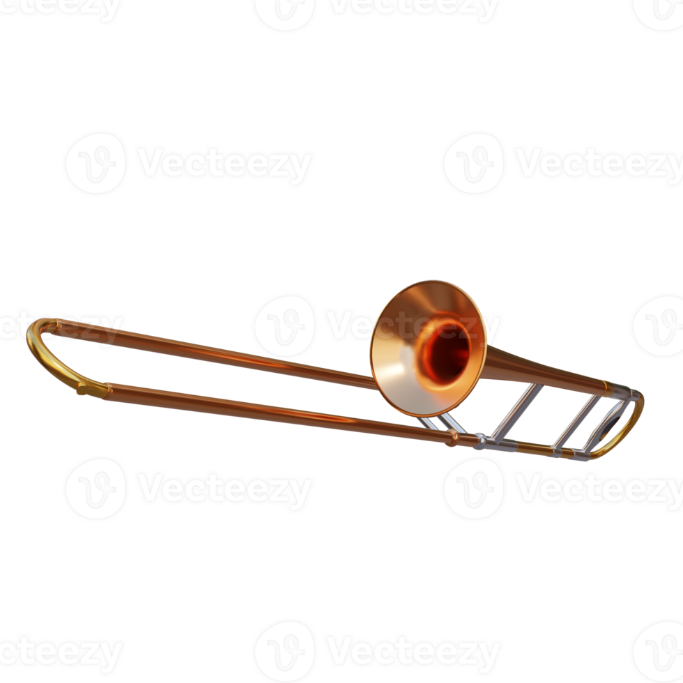 3d render golden trombone with transparent background png