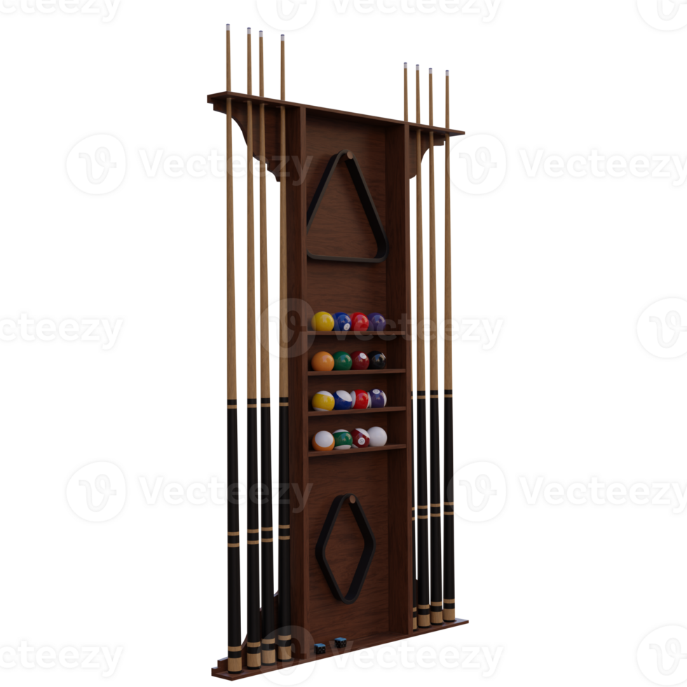 3d render pool accessories on wall rack with transparent background png