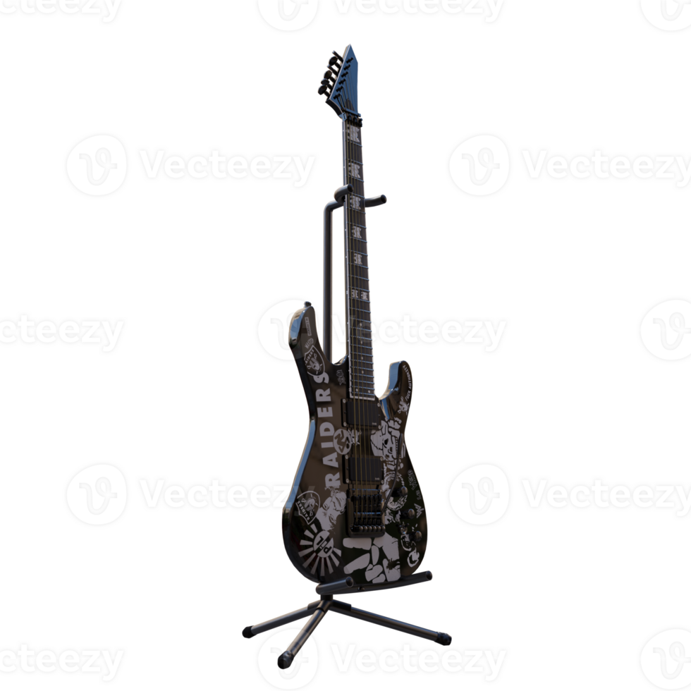3d render black guitar with drawings with transparent background png