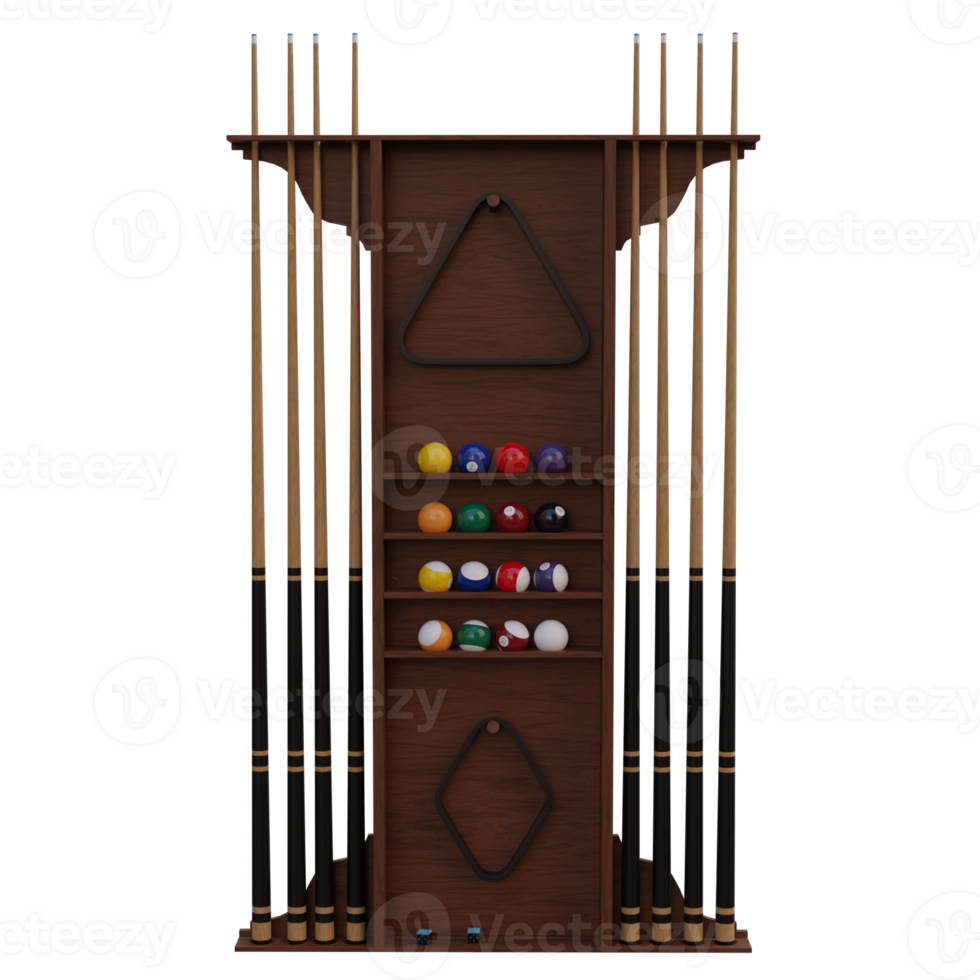 3d render pool accessories on wall rack with transparent background png