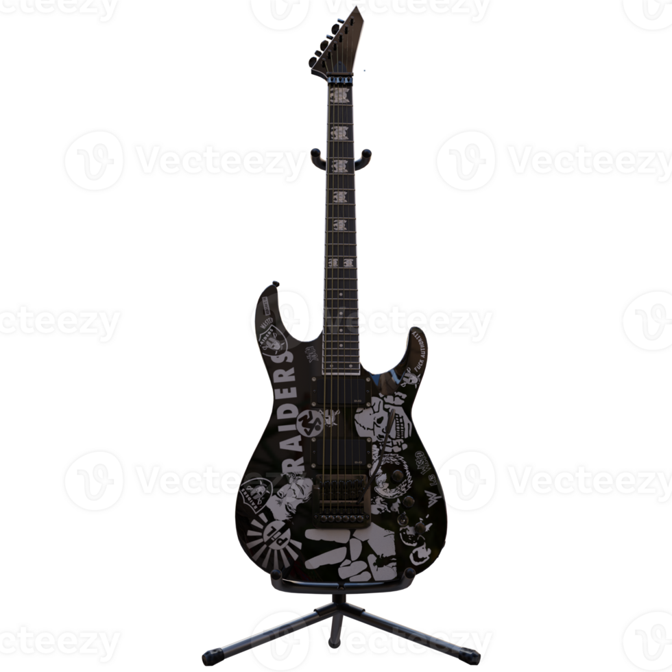 3d render black guitar with drawings with transparent background png