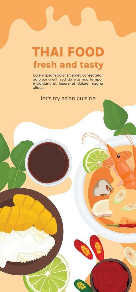 Thai cuisine banner vertical. Tom yum soup, mango sticky rice and asian food promotion flyer vector