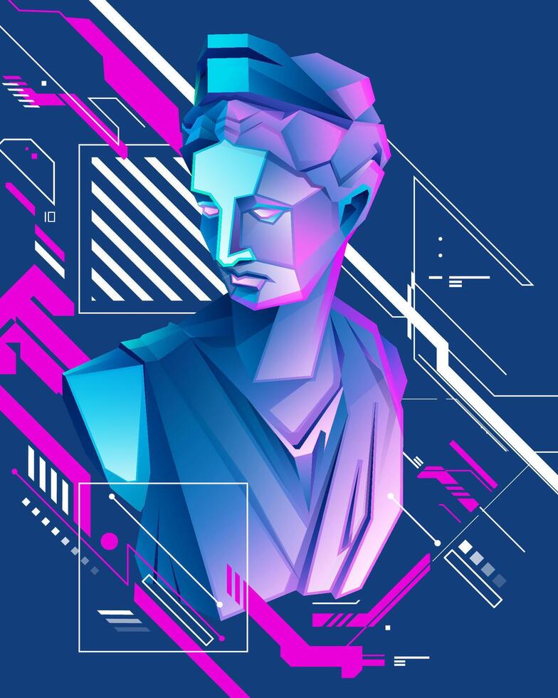 concept of feminine energy or pride month, poster design or banner of Athena statue presented in pop art cyberpunk vector