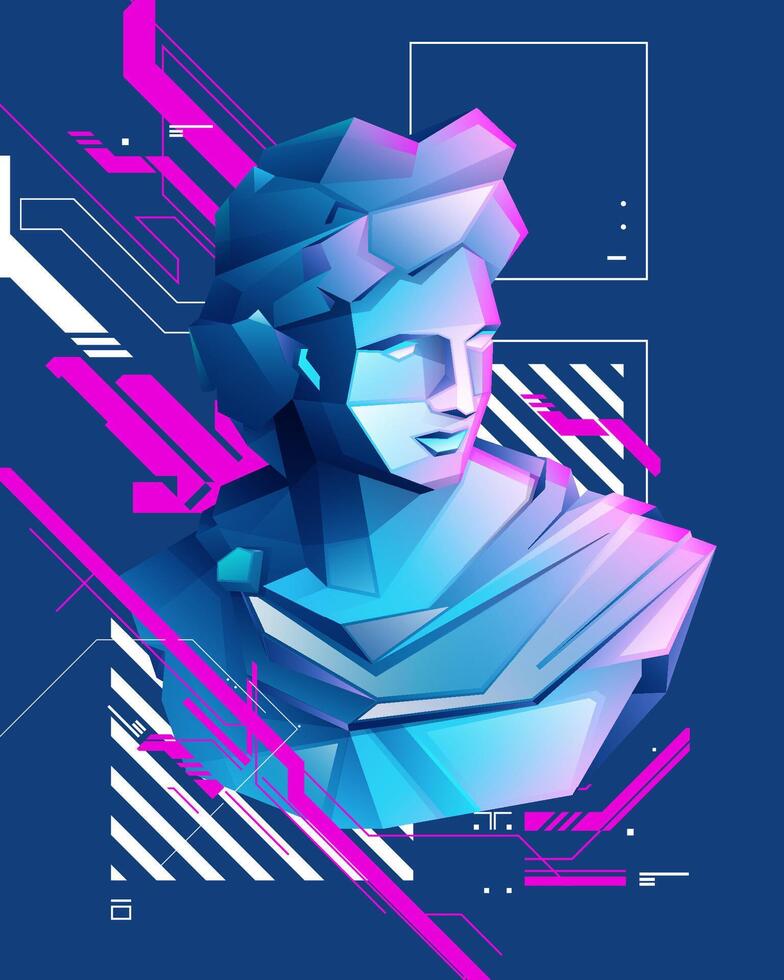 concept of masculine energy or pride month, poster design or banner of Apollo statue presented in pop art cyberpunk vector