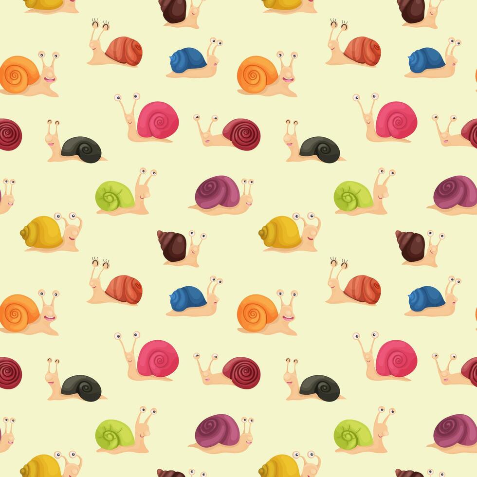 seamless pattern of cute charming funny snails in a cartoon style. Pattern for children's fabric, wrapping, textiles or stationery vector