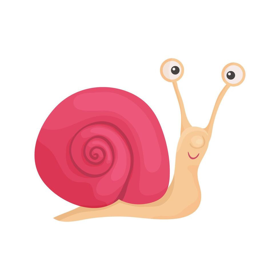 illustration of a snail with a pink shell in a cartoon style. The snail looks funny, silly, naive, emotion. For children's books, clothes, postcards vector
