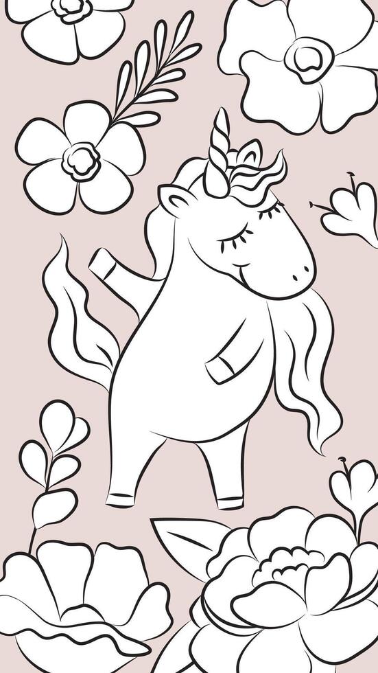 The unicorn dances among the flowers. Delicate background with cartoon unicorn, bookmark for planner vector