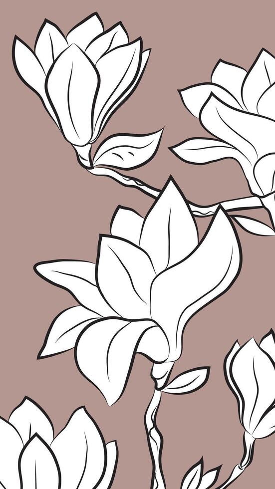 Magnolia branches and flowers on brown warm, backdrop for stationery, flower bookmark for planner vector