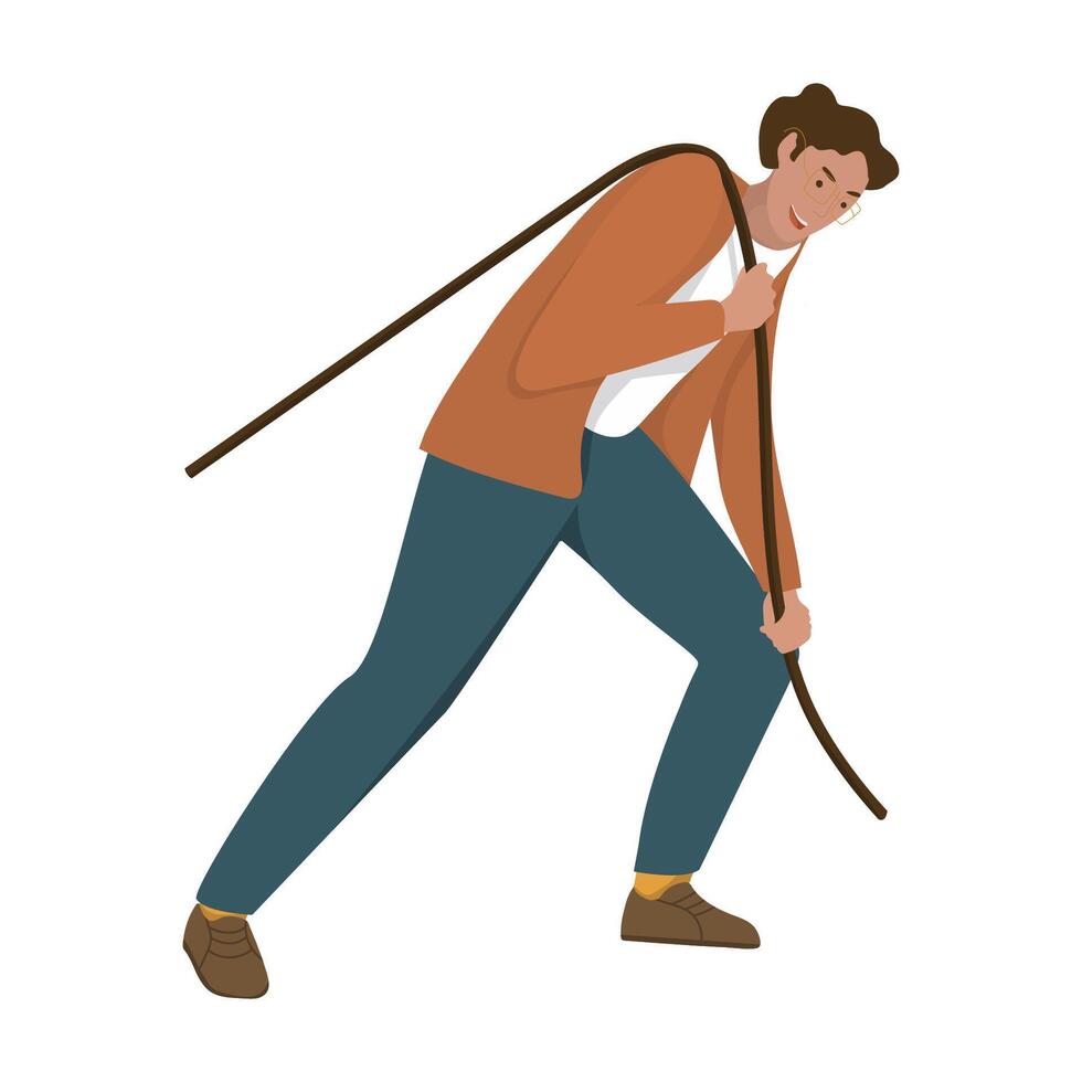 A man in a suit is pulling something with a rope. Person manager in a pose pulling objects. vector