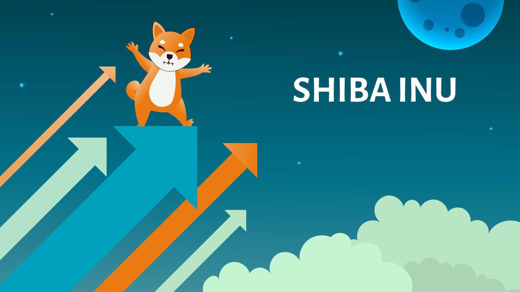 illustration concept of Shiba Inu uptrend cryptocurrency. Shib dog aims and flies up to the moon on a dark background vector