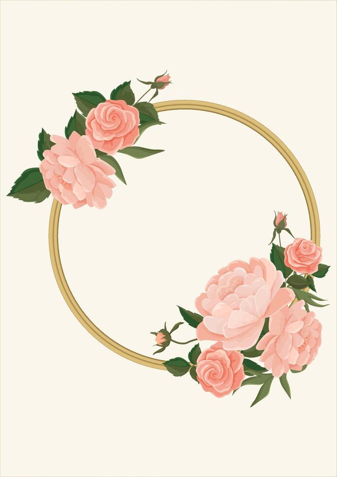 a round frame shabby chic large tender pink roses and peonies in . Suitable for wedding decor and invitations vector