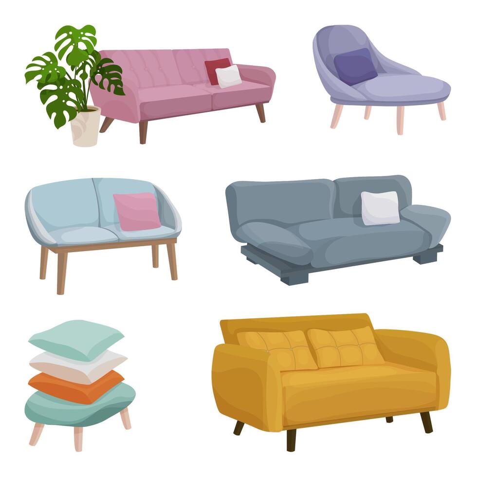 sofas set with couches side view in cartoon style. Couches, chairs and flower pot with monstera leaves. Furniture for interior Isolated on a white vector
