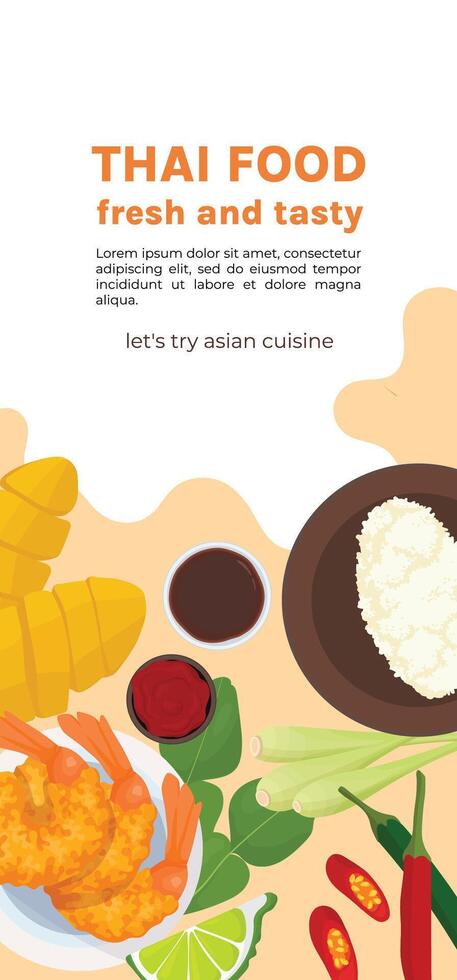 Thai cuisine banner vertical. Tom yum soup, mango sticky rice and asian food promotion flyer vector