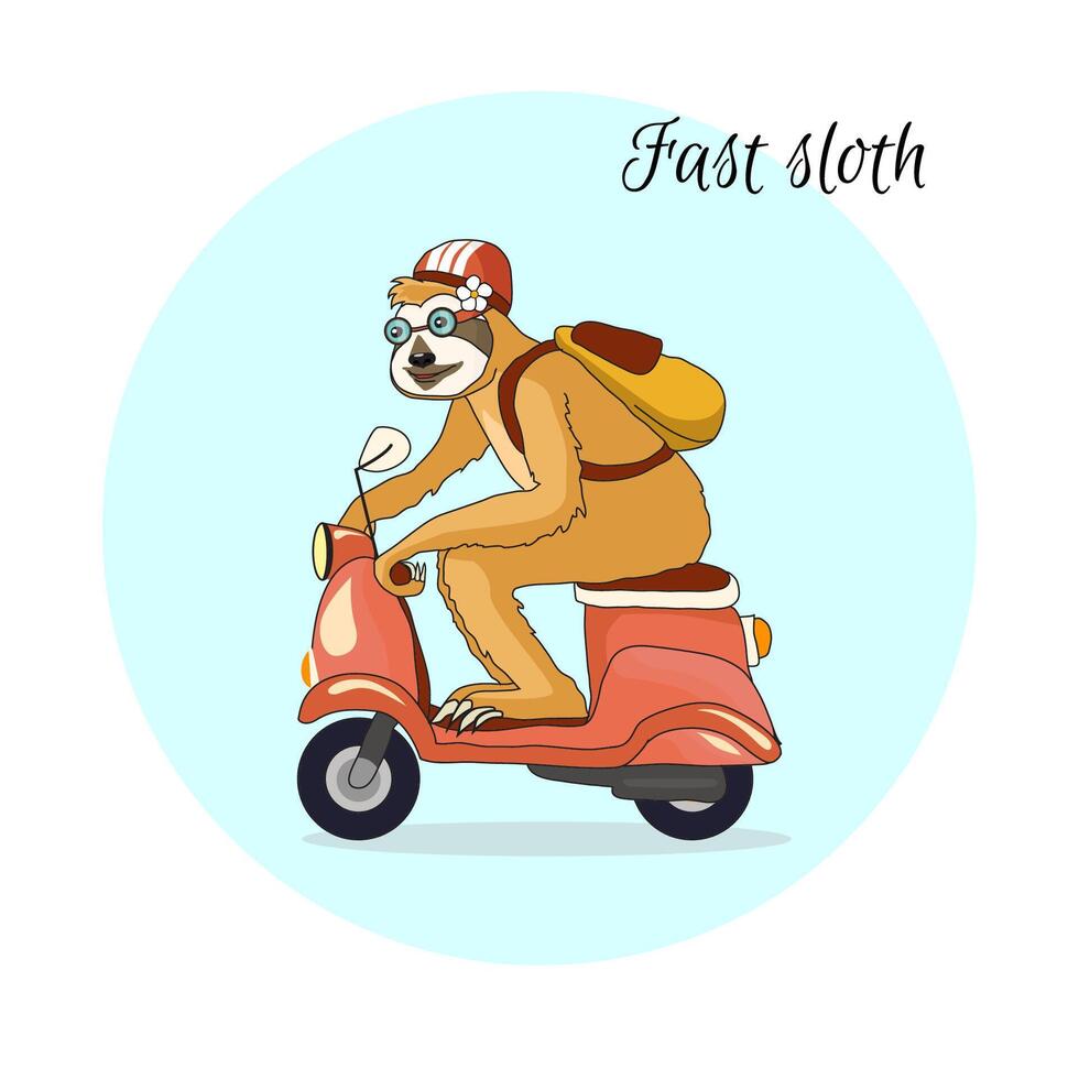 Adorable sloth riding a pink scooter. A sloth-girl travels by motorcycle in a helmet and with a yellow backpack. Tropical pattern for textile prints, a poster, cute stationery, a print for cups, caps vector