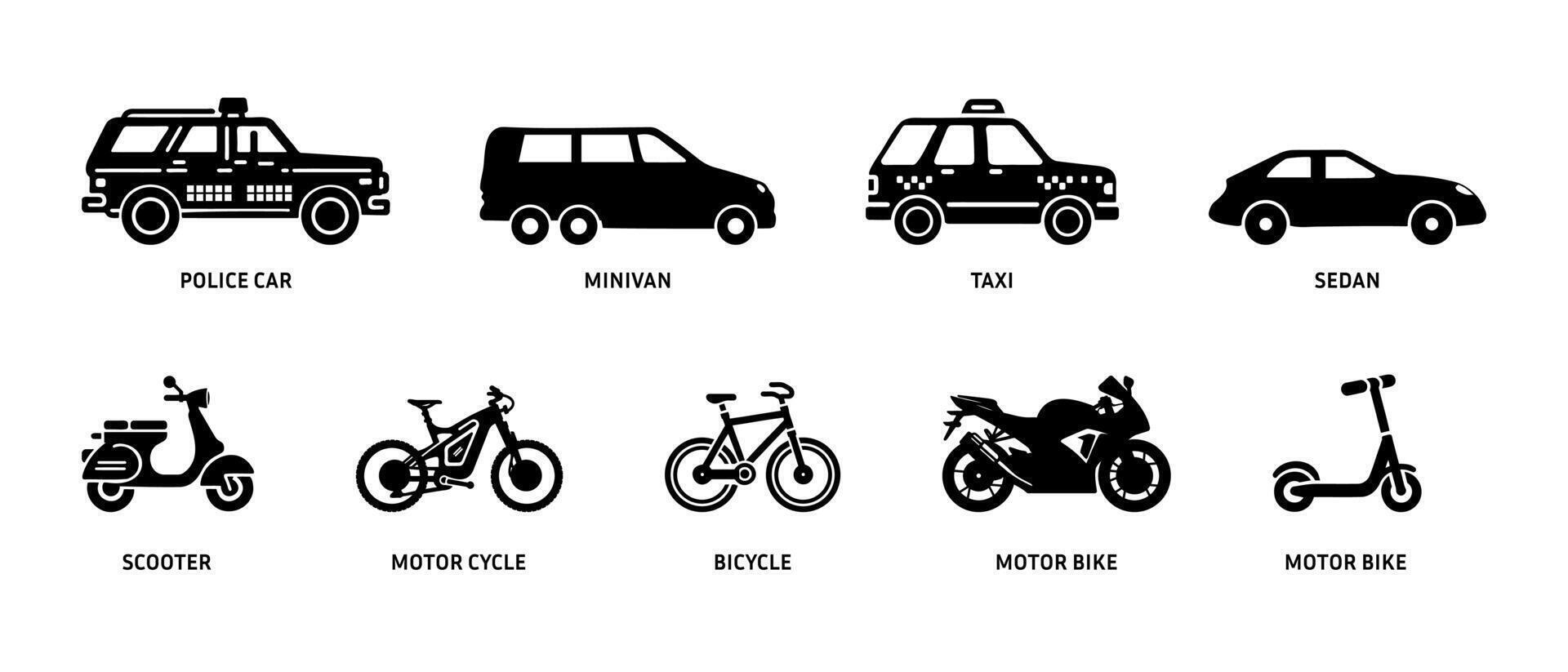 Transport vehicle jeep, car, scooter and cycle side view silhouette black filled Illustration icon vector