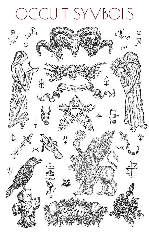 Graphic set with occult hand drawn symbols and illustrations, mystic and tattoo concept vector