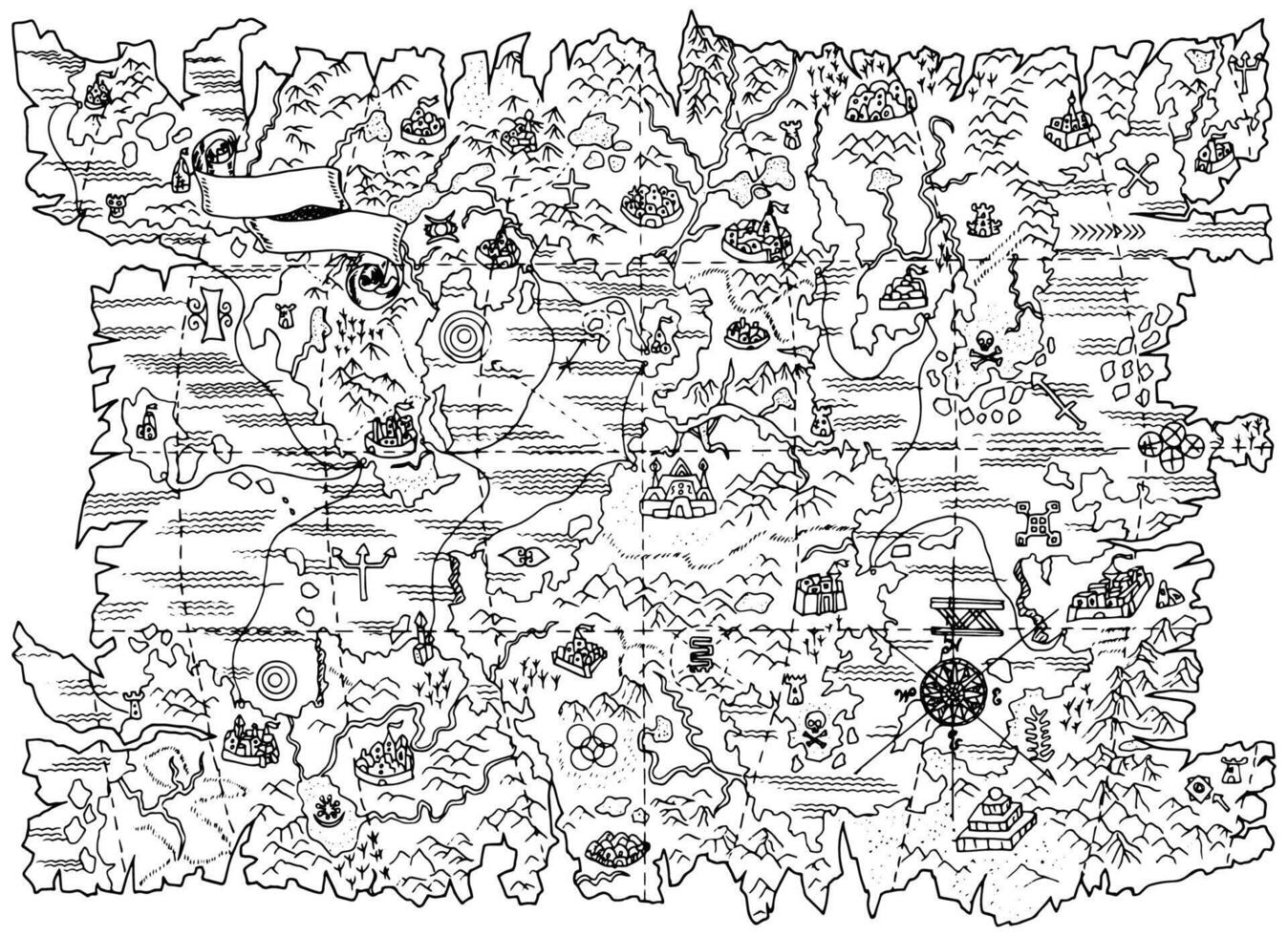 Black and white illustration of pirate map of fantasy land vector