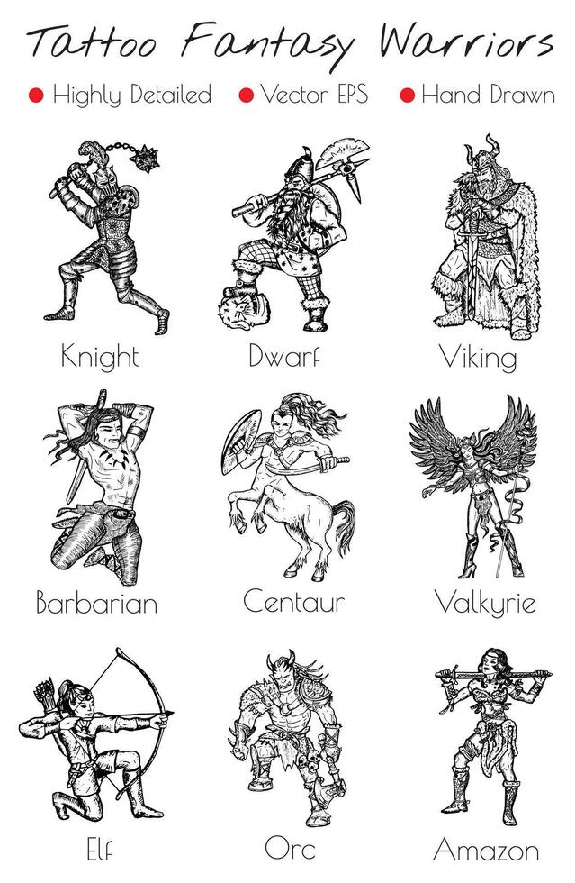 Hand drawn tattoo design set with fantasy ctreatures vector
