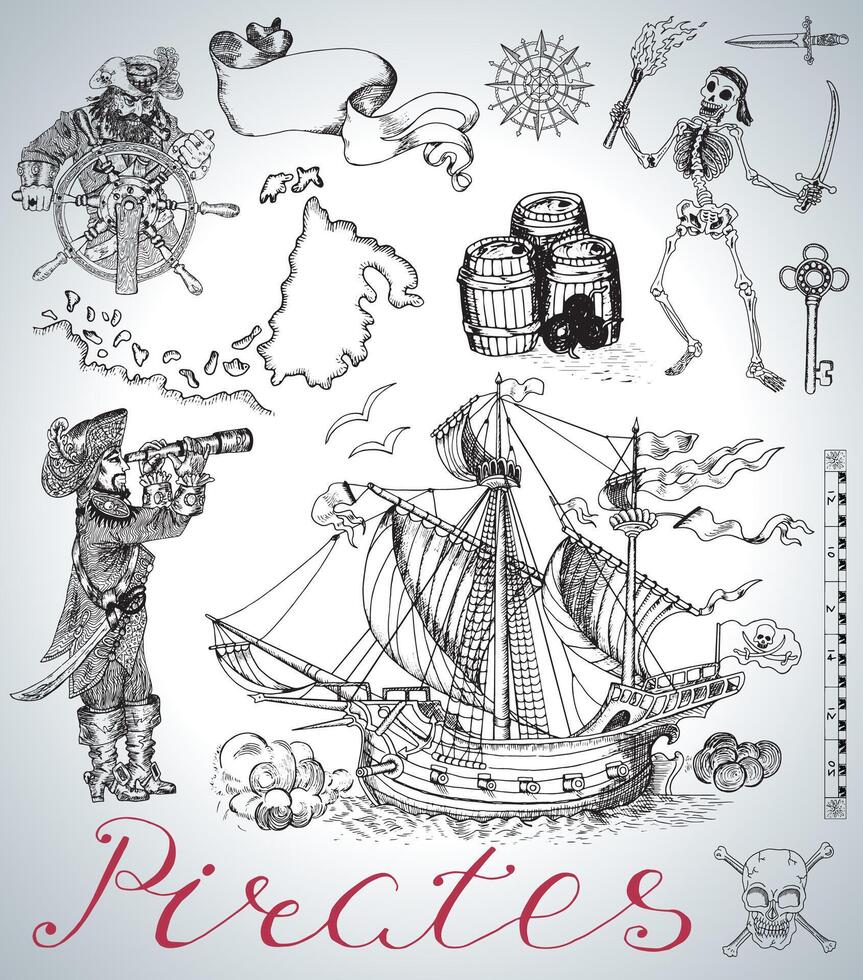 Design set with pirates, ship, skeleton and vintage sea symbols vector