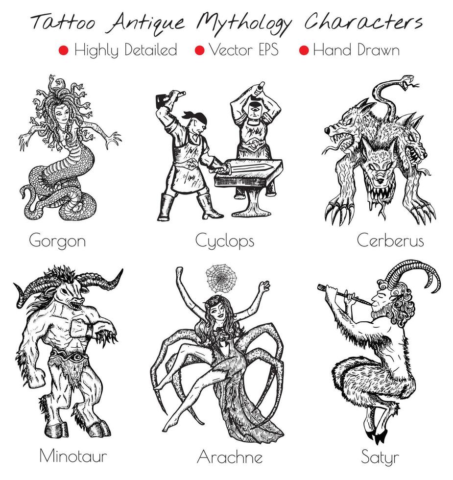 Hand drawn tattoo design set with fantasy ctreatures vector