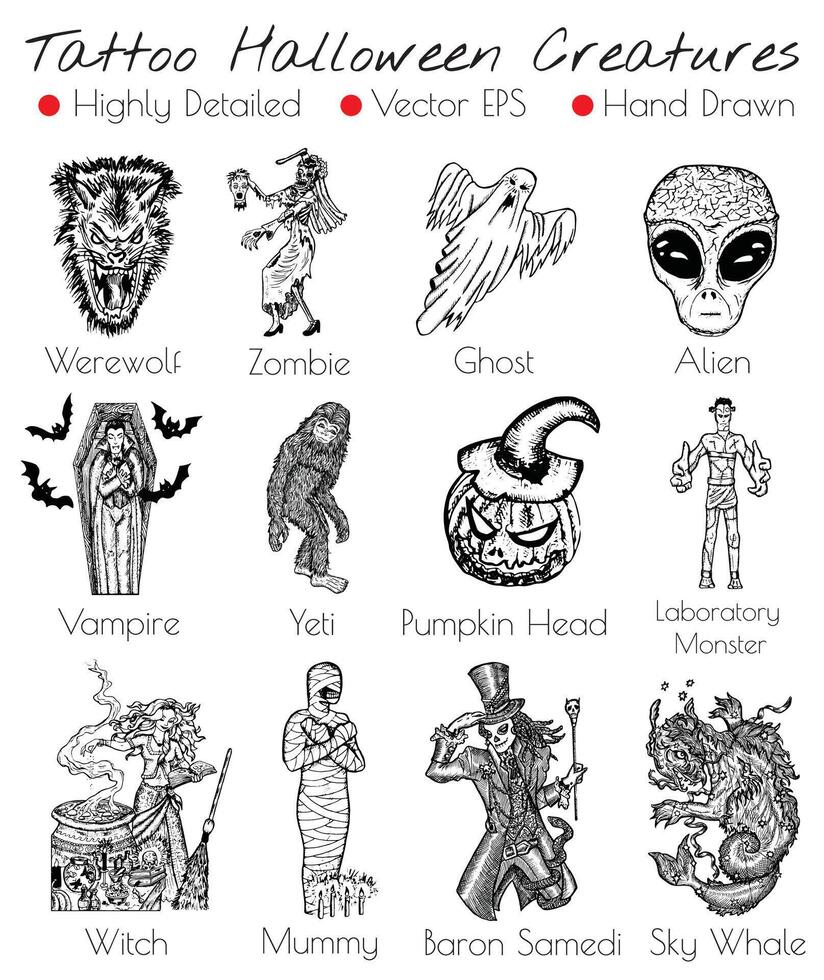 Hand drawn tattoo design set with fantasy ctreatures vector