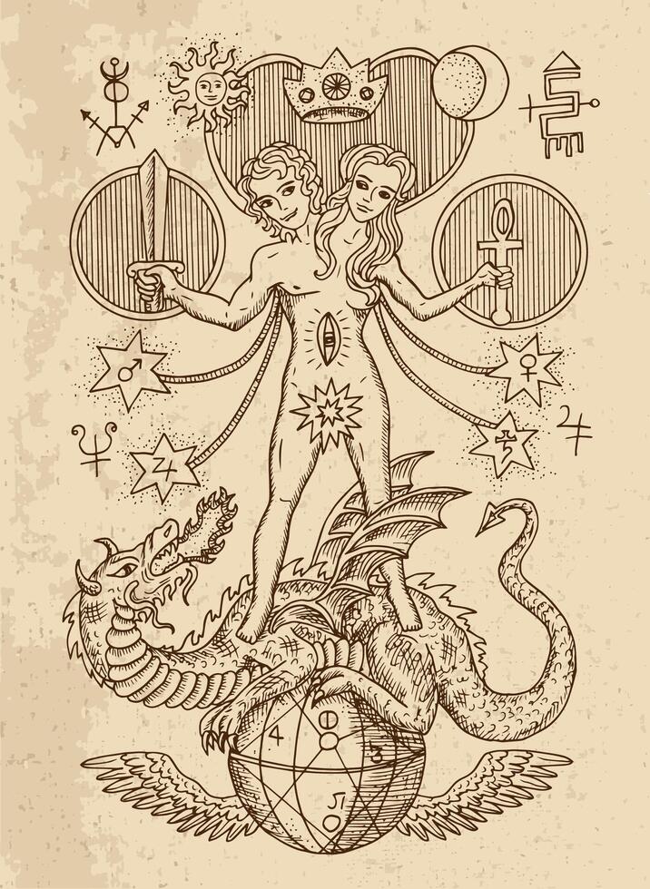 Mystic drawing with spiritual and alchemical symbols, androgyne, twins or Gemini concept on texture background vector