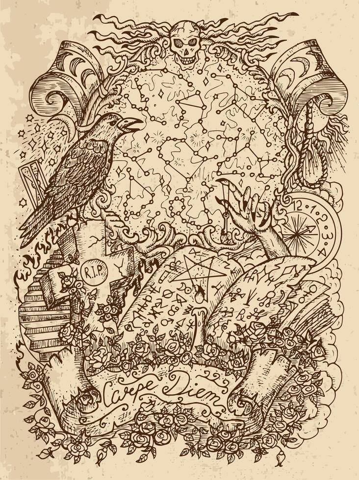 Mystic drawing with magic book, crown, warlock hand, zodiac constellations, grave cross and spiritual symbols on texture bakground vector