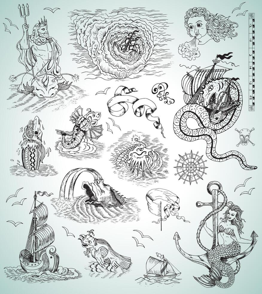 Design collection with sea mythologycal creatures, ships, mermaid and symbols vector