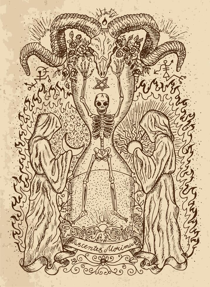 Mystic drawing with human skeleton in sandglass, monks with sun and moon, devils head and spiritual symbols on texture background vector