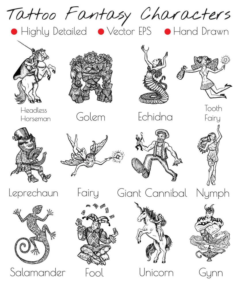 Hand drawn tattoo design set with fantasy ctreatures vector