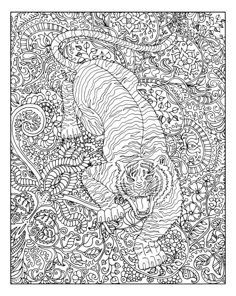Hand drawn tiger against floral pattern background vector